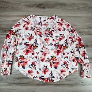 Lucky Brand Women White Red Floral Viscose Tie Neck Smocked Cuff Blouse L